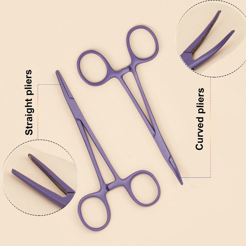 Pets ears/nose hair Puller Straight & Curved full serrated, stainless steel Home Hemostat Locking Forceps, Professional pet grooming tool for cats & dogs 2pcs set （purple） Purple - PawsPlanet Australia