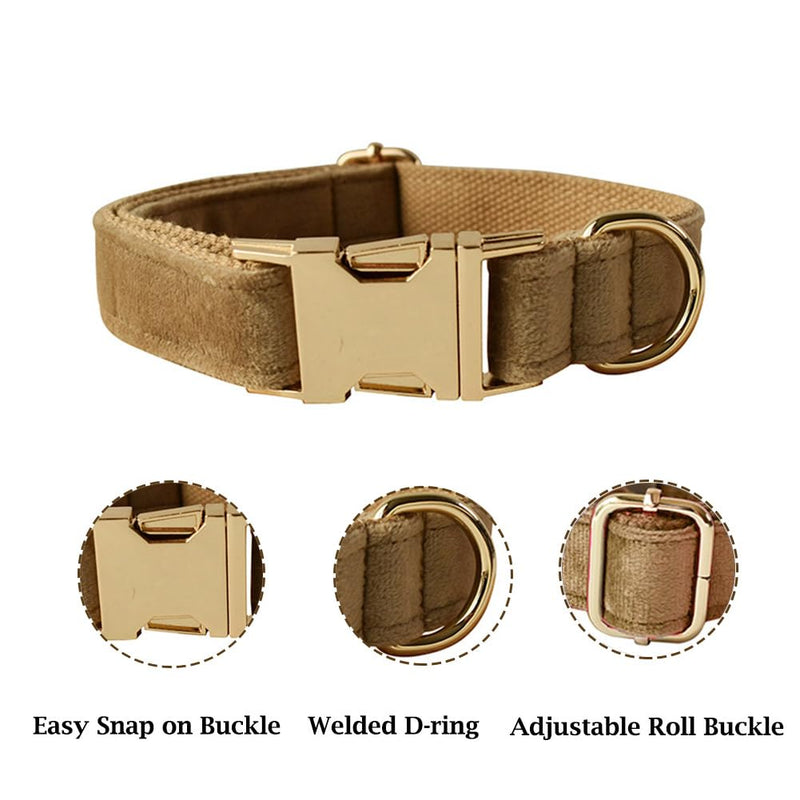 JAY D.L Dog Collar and Leash Set，Soft & Comfy Velvet Dog Collars with Heavy Duty Metal Buckle and Matching Lead Adjustable for Small Medium Large Dogs (Small, Khaki) - PawsPlanet Australia