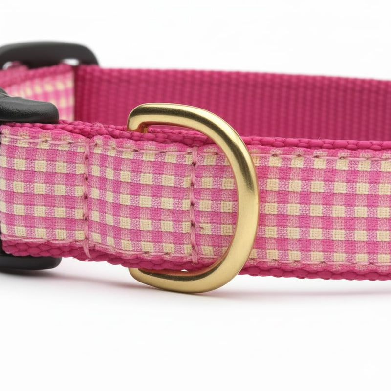 Up Country Pink Gingham Dog Collar, Medium (12 to 18 inches) 1 inch Wide Width Rose