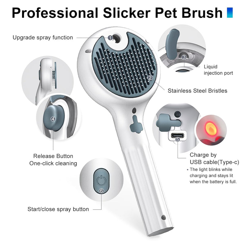 Cat Steam Brush, 3-in-1 Self-Cleaning Pet Grooming Tool with Water Spray, Shedding & Massage Comb for Long & Short Hair Cats and Dogs - PawsPlanet Australia