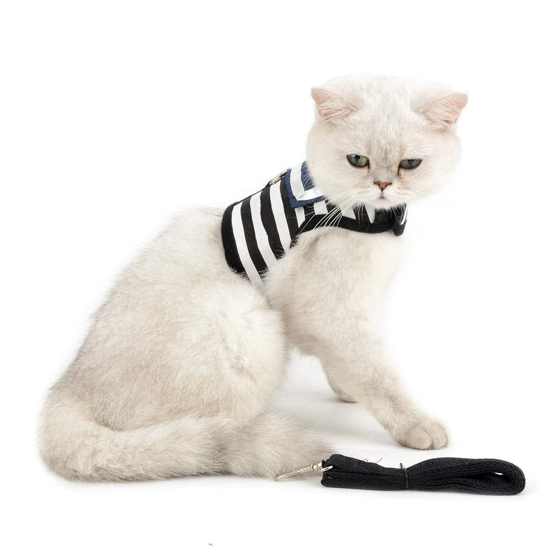 SMALLLEE_LUCKY_STORE Soft Mesh Sailor Harness for Cat and Small Dogs, Pet Navy Striped Walking Vest Puppy Padded Harnesses Leash Set Adjustable Black S - PawsPlanet Australia