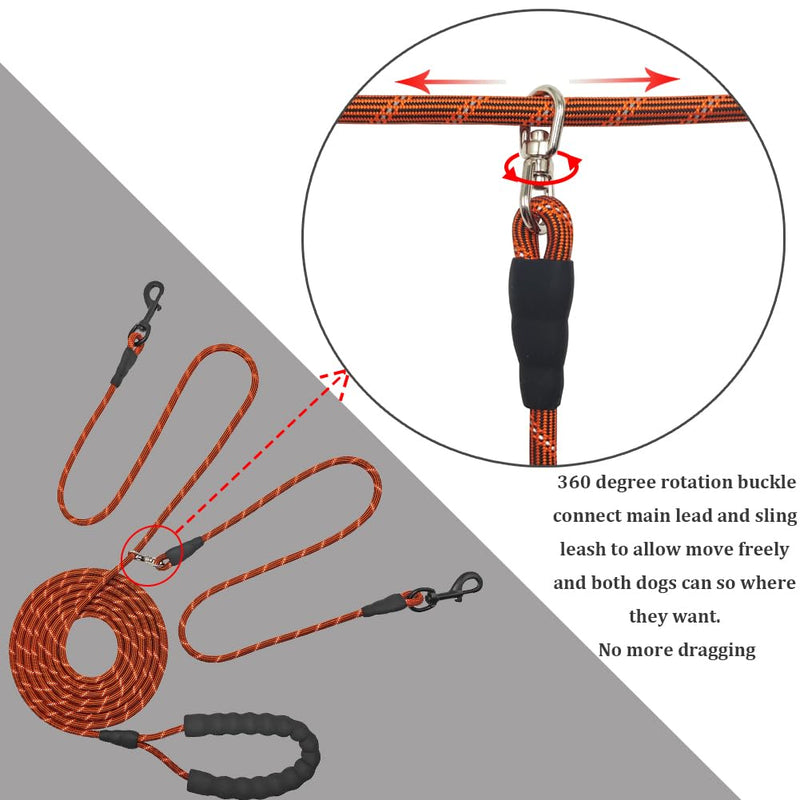 BTINESFUL 12ft/20ft/32ft Long Dog Leash for 2 Dogs, No Tangle 1/3inch Reflective Dual Dog Leash Long Lead for Medium Small Dogs, Outside Long Walking Leash for Two Dogs Playing Recall Training Main rope: 12ft x 1/3" Orange