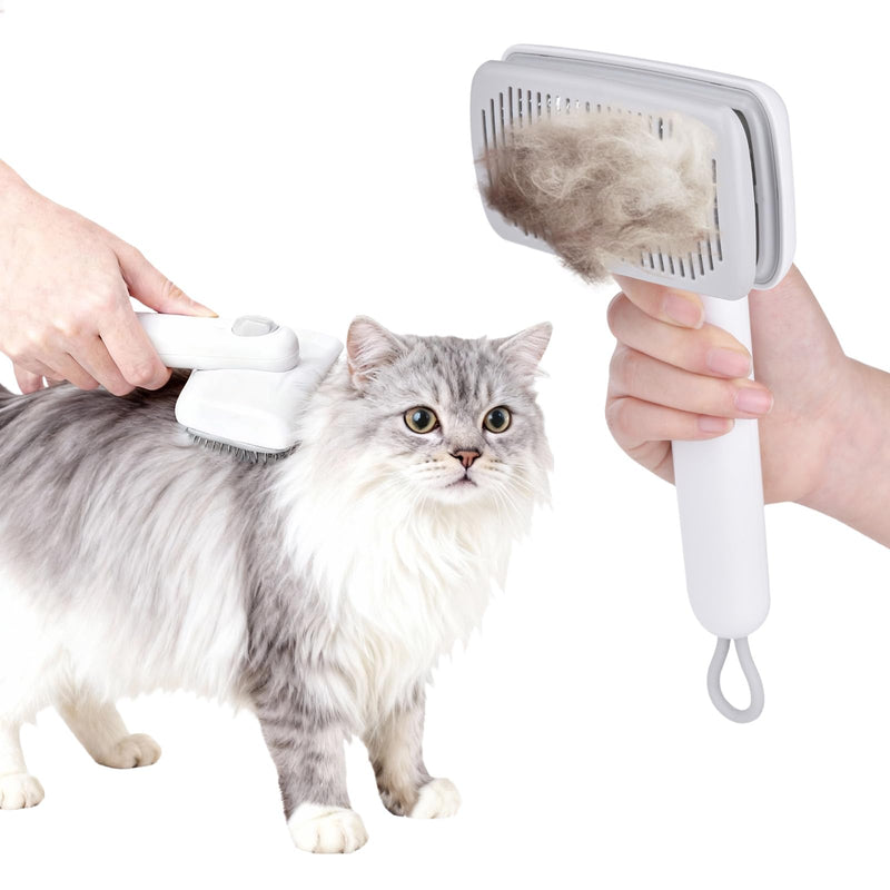 Self Cleaning Deshedding Cat Brush for Dogs & Cats,Adjustable Cat Brushes for Indoor Cats, Easy to Clean Grooming Tool for Long & Short Haired Pets White