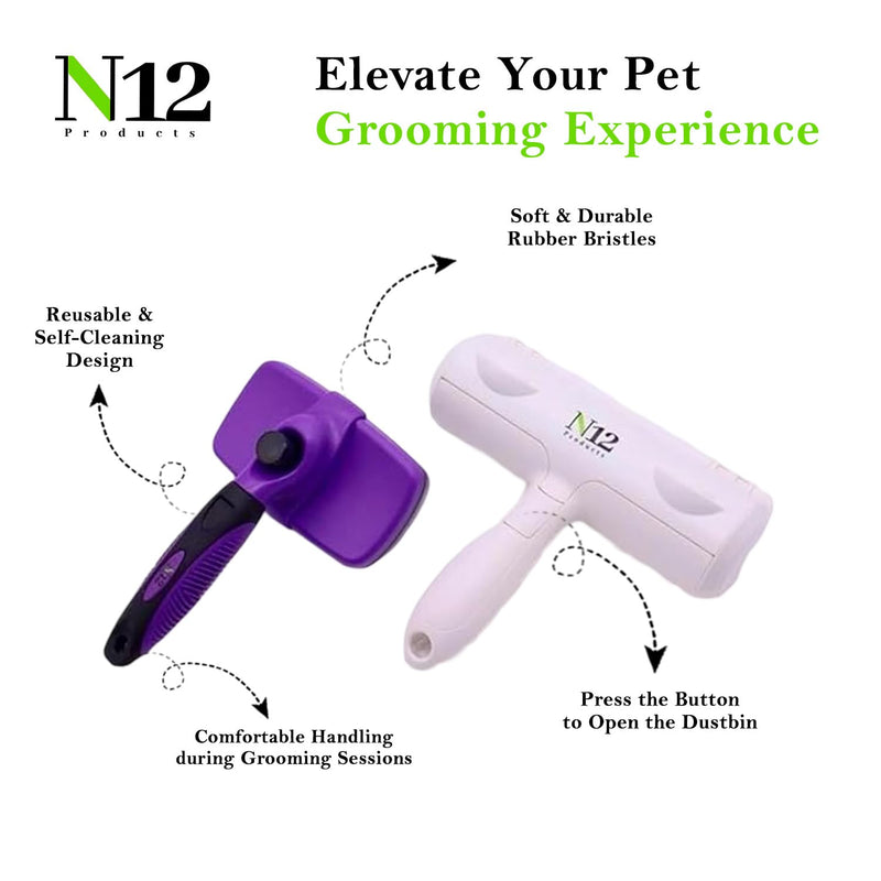 N12 Cat, Dog Hair Remover/Lint Roller and Grooming Hair Bush Combo – Pet Fur Remover for Couch, Furniture, Carpet, Car Seat & Self-Cleaning Slicker Grooming Brush with Long Pins for Shedding - PawsPlanet Australia