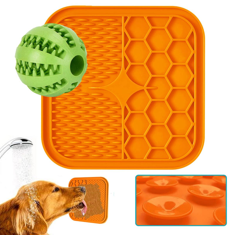 Dog/Cat Lick Pad, Tooth Brushing Ball, Interactive Pet Treat Mat, Anxiety Relief, Slow Feeder, Non-Slip, Durable, Machine Washable, Large, Orange/Green - PawsPlanet Australia