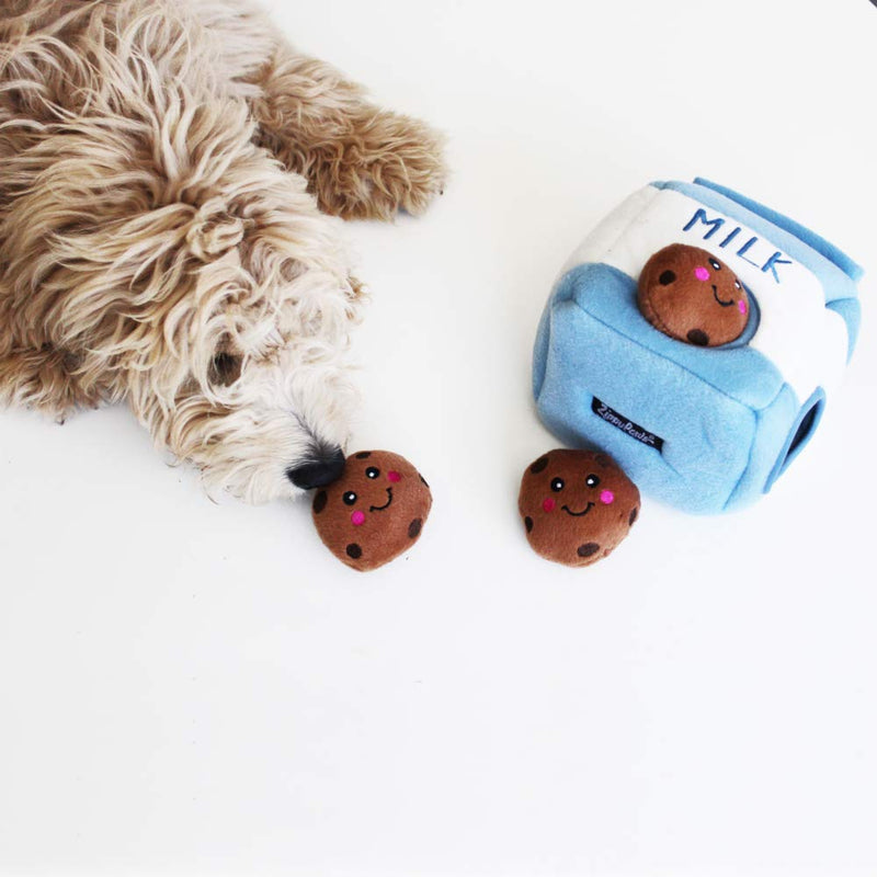 ZippyPaws Burrow- Interactive Dog & Puppy Toys for Boredom, Stimulating Pet Products to Keep them Busy, Hide & Seek Plush Puzzles, Squeaky Toy for Enrichment, For Small & Medium Dogs- Milk and Cookies Milk & Cookies