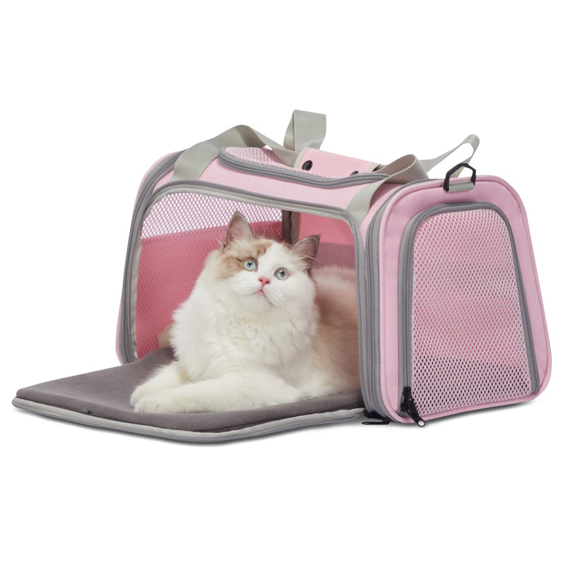 PETSFIT Cat Carrier, Pet Carrier Airline Approved, Cat Travel Carrier for Small and Medium Cats Under 12 Lbs, Soft Sided Kitten Carrier with Cozy Extendable Mat, Cat Carrier Bag, Pink 17.0"L x 10.3"W x 10.3"H - PawsPlanet Australia