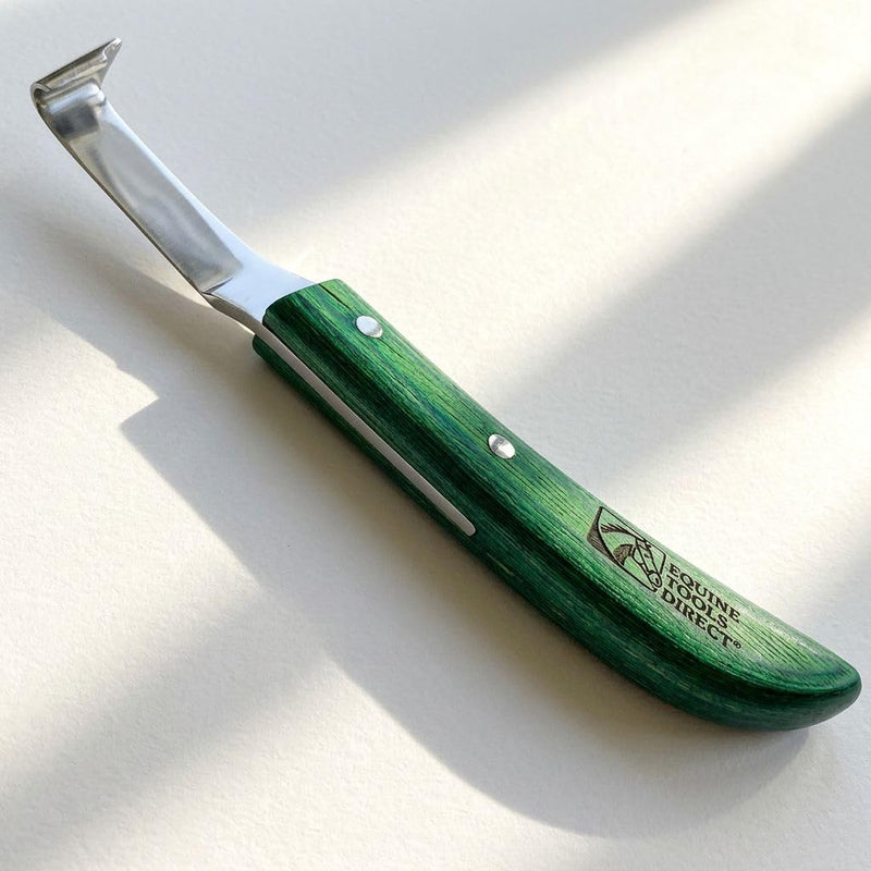 Straight Blade Hoof Knife with Rhino Hook, J2 420 Magnetic Stainless Steel, Right-Hand, Ergonomic Green Handle, Professional Farrier Trimming Tool