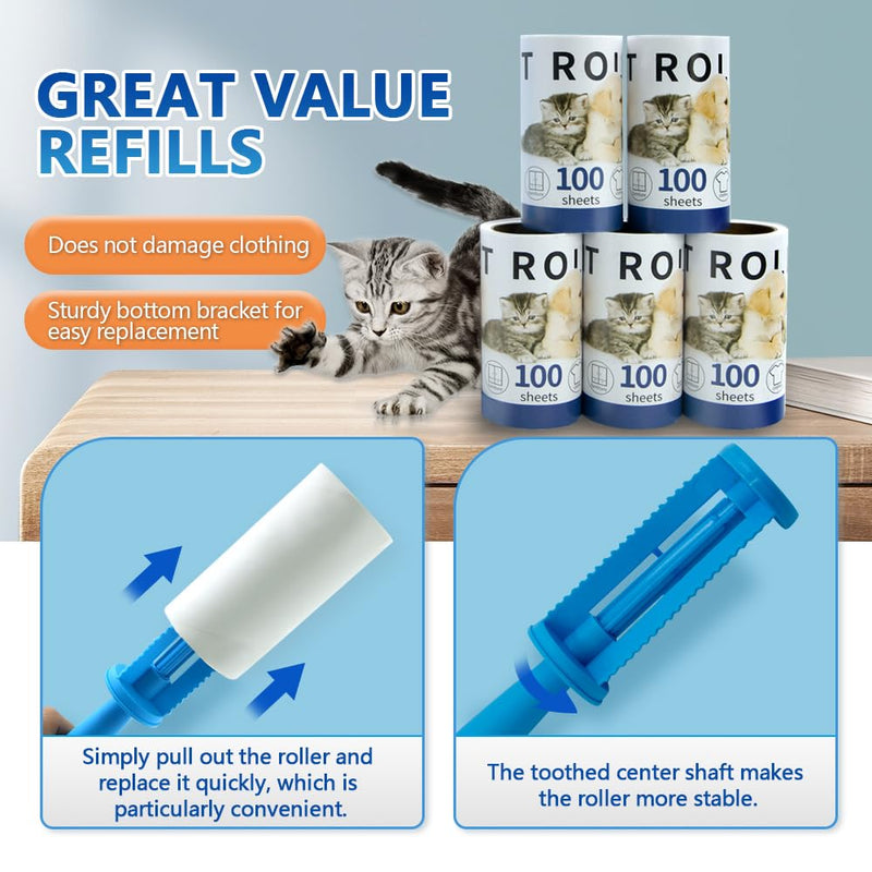 Mucilaginator Pet Hair Adhesive Roller，Removable Cleaning Tape Brush Paper Hair Replacement Roller, 600 Sheet Value Set Roller for Furniture, Clothing and More,Pet Lovers Dogs and Cats - PawsPlanet Australia