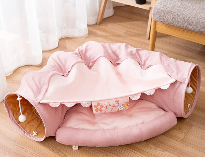 2 in 1 Cat Tunnel Bed Tube with Cushion and Plush Ball Toy Playground Crinkle Collapsible for Large Cats Kittens Kitty Puppy Small Dog Foldable Soft Pet Play Bed Indoor Outdoor- Pink Cat Tunnel Bed - PawsPlanet Australia