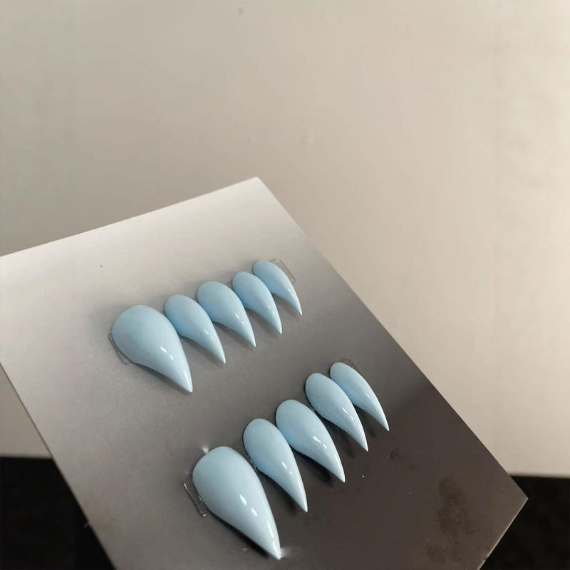 Press on Nails Medium Blue Stiletto Eagle Claw Reusable ABS Material Curved Handmade Fake Nails Dragon Claw Solid Colour Design Luxury Cat Claw Nude Glossy Thick Acrylic Glue on Nail(M) Handmade Almond 38