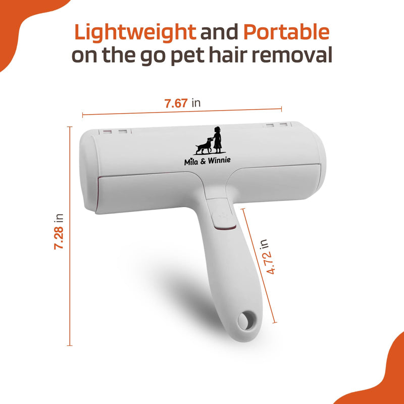 Mila & Winnie Pet Hair Remover Roller - Heavy Duty Reusable Lint Roller with Spacious Dustpan for Dog, Cat, Rabbit - Fur Remover Tool for Sofa, Carpet, Furniture, Car - White - PawsPlanet Australia