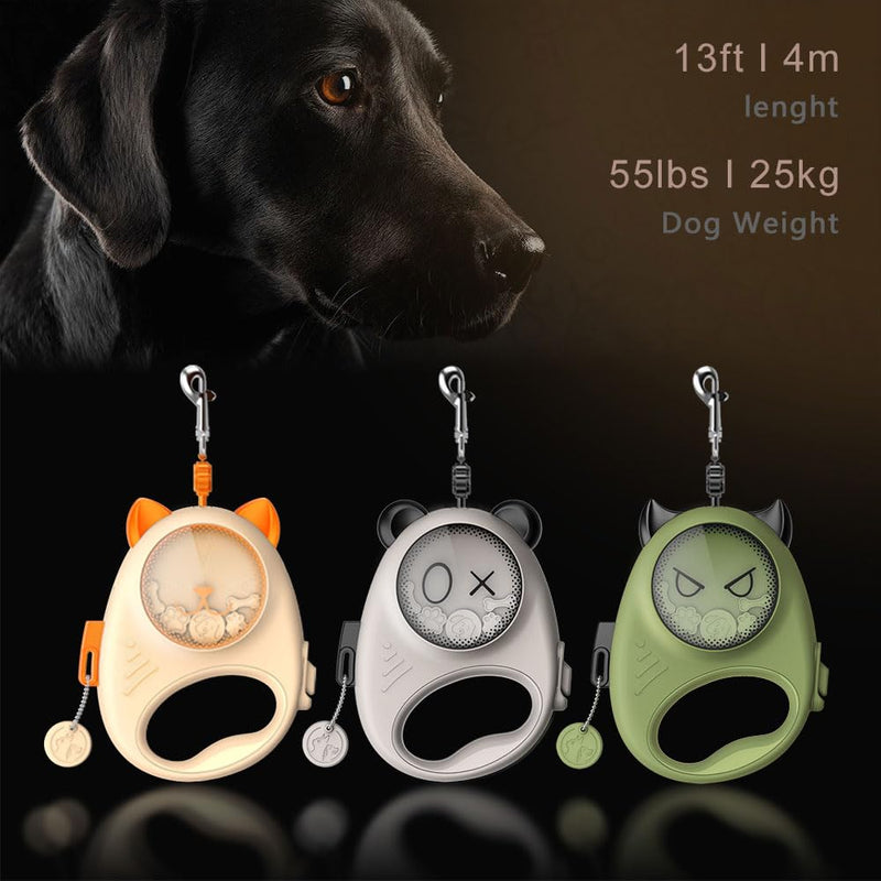 Retractable Dog Leash | 13 ft / 4 m | Supports up to 25 kg / 55 lbs | One-Button Brake & Lock | 360° Tangle-Free | Cute Animal Designs (Green) Green