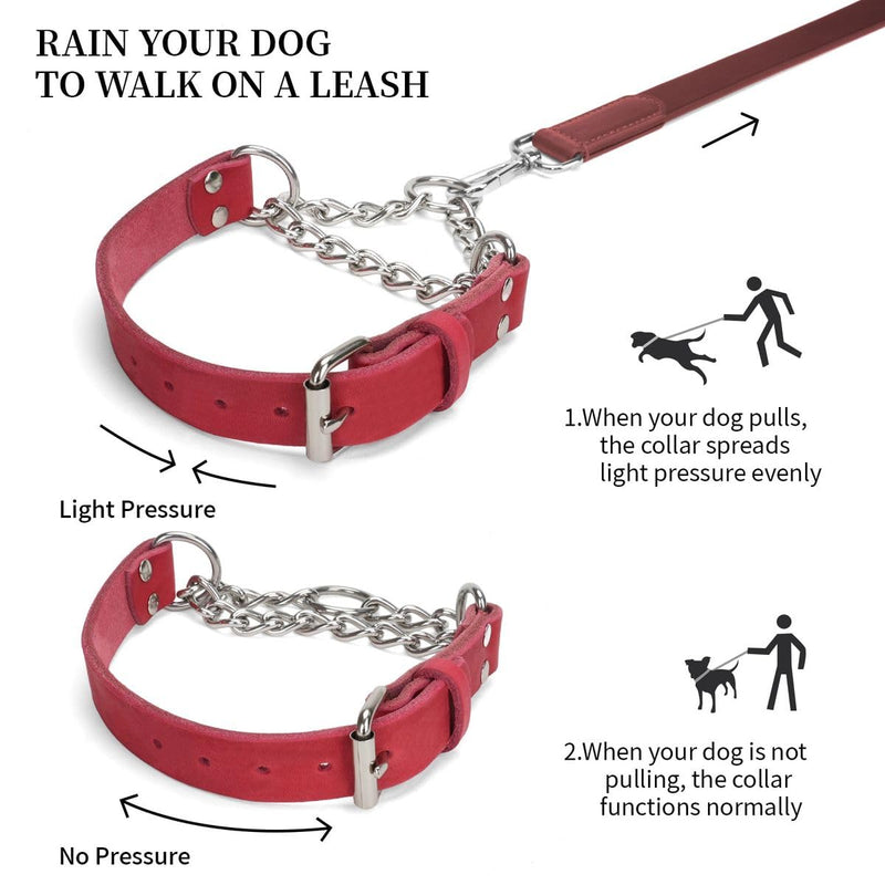 Martingale Collar for Dogs No-Pull Adjustable Training Collar with Stainless Steel Chain - Genuine Leather Anti-Slip Design for Small,Medium,Large Breed Dogs - Red (S) Small: Neck 10"-14" - PawsPlanet Australia