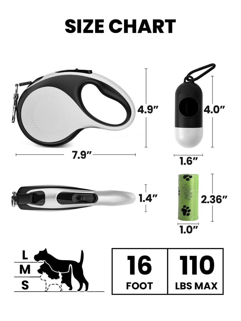 Retractable Dog Leash with Led Light, Douexio 16ft Heavy Duty Dog Leash Retractable for Medium Large Dogs Up to 110lbs,360° Tangle-Free, One-Button Control, High Strength Hook (White, 66-110lbs) White - PawsPlanet Australia