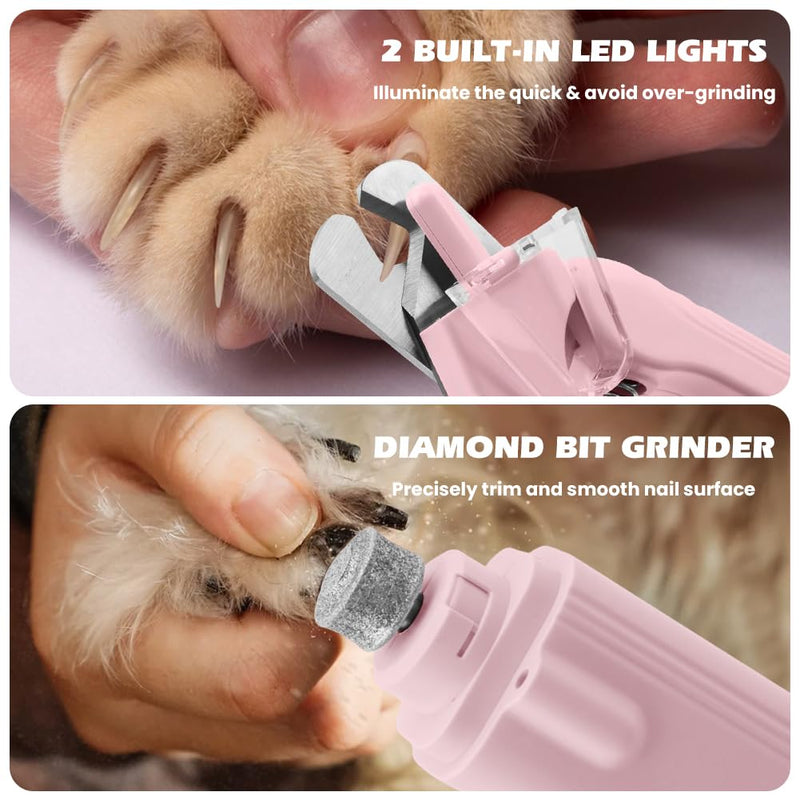 2-in-1 Dog Nail Grinder & Dog Nail Clippers Trimmers, Dogs Trimmer with LED Light + Splash Guard + Storage Case, Pet Claw Clippers for Dogs Cats, USB Rechargeable (Pink) Pink - PawsPlanet Australia