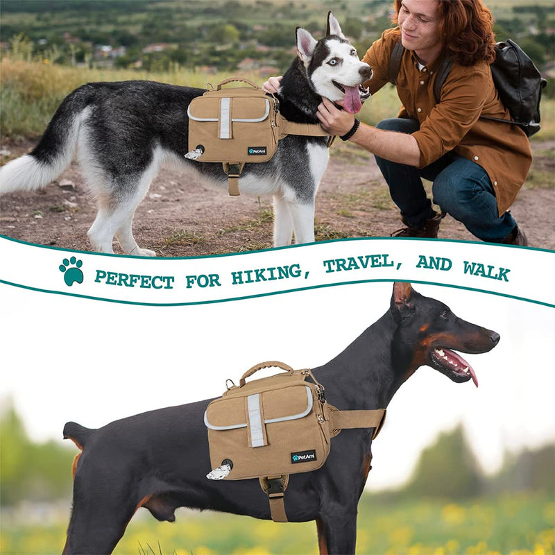 PetAmi Dog Backpack for Medium Large Dogs, Dog Saddle Bag for Dogs to Wear, Tactical Harness Saddlebag with Reflective Safety Side Pockets for Hiking, Camping, Vest Dog Pack for Travel (Tan, Medium) Tan Canvas - PawsPlanet Australia