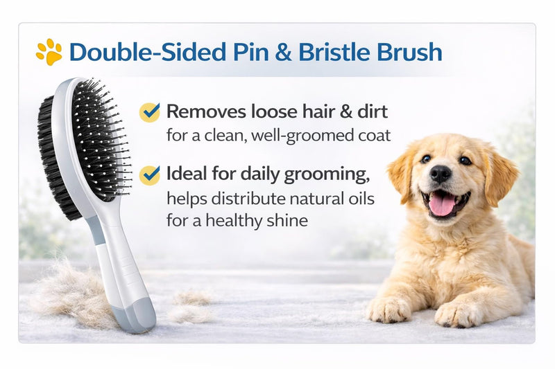 Pet Grooming Kit for Dogs & Cats – 3-in-1 Dog Grooming Set with Slicker Brush, Dual Bristle Brush & Flea Comb – Removes Loose Fur, Reduces Shedding