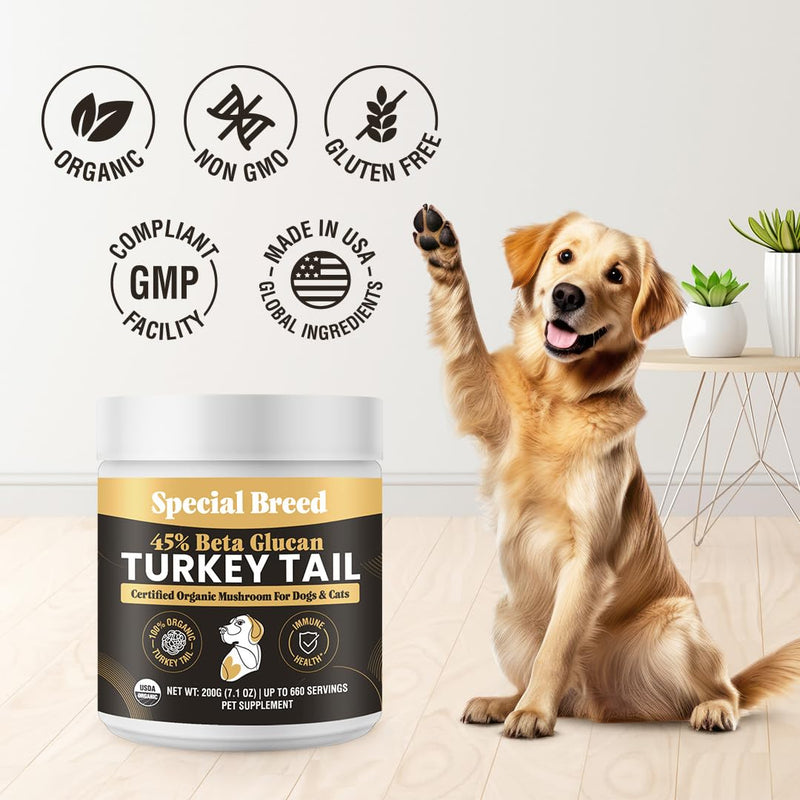 Organic Turkey Tail Mushroom for Dogs and Cats, 45% Beta Glucan Standardized, Hot Water Extracted Whole Fruiting Body, Third Party Tested, Immune and Gut Support, No Fillers, Made in USA, 660 ct 7.1oz