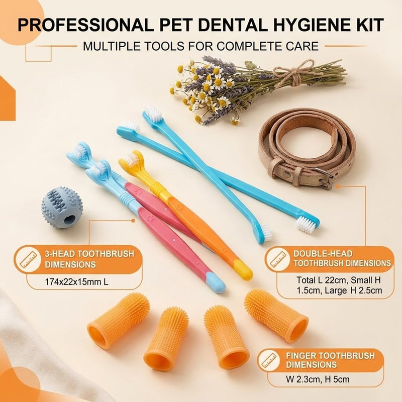 8-Piece Dog Toothbrush Set for Dogs and Cats: Triple Toothbrush, Finger Toothbrush, Double-Headed Toothbrush for Small, Medium, and Large Dogs - Dental Care