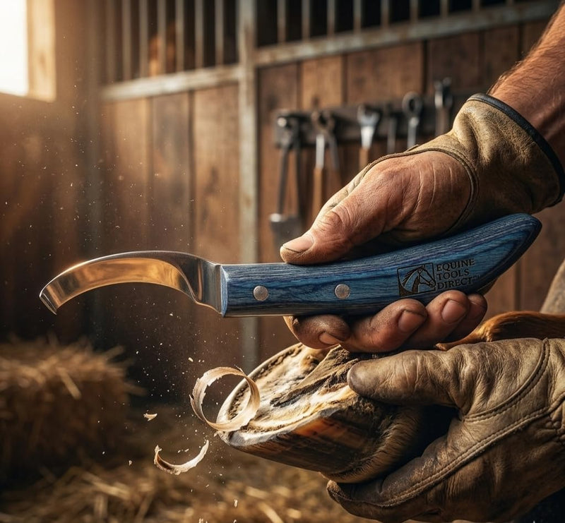 Curved Blade Hoof Knife, J2 420 Magnetic Stainless Steel, Right-Hand, Ergonomic Blue Handle, Professional Farrier Trimming Tool Right-Handed