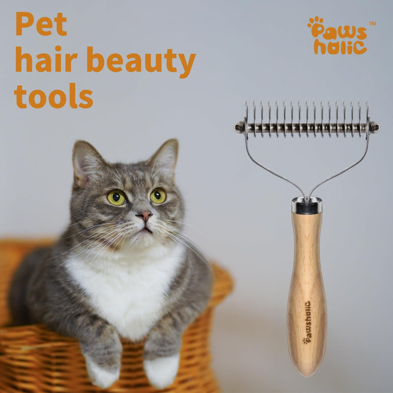 Undercoat Rake for Dogs - Professional Pet Shedding Dematting Comb with Wood Handle, Stainless Steel Blades for Pet Cats Dogs Matted Hair Tangles Removing 2 Sides Dematting Comb - PawsPlanet Australia