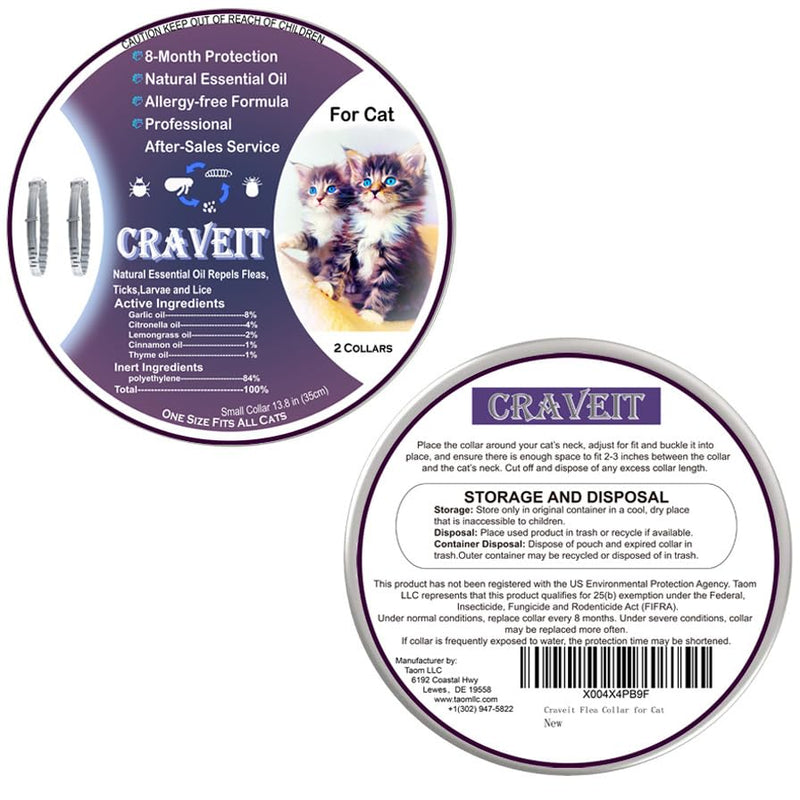 Craveit Cat Flea Collar, 2 Pack Flea Collar for Cats, Gentle Plant-Based Tick Repellent for cat, Waterproof & Adjustable, 8-Month Long-Lasting Defense