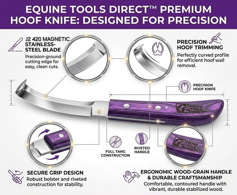 Double-Edge Blade Hoof Knife, J2 420 Magnetic Stainless Steel, Right-Hand, Ergonomic Purple Handle, Professional Farrier Trimming Tool