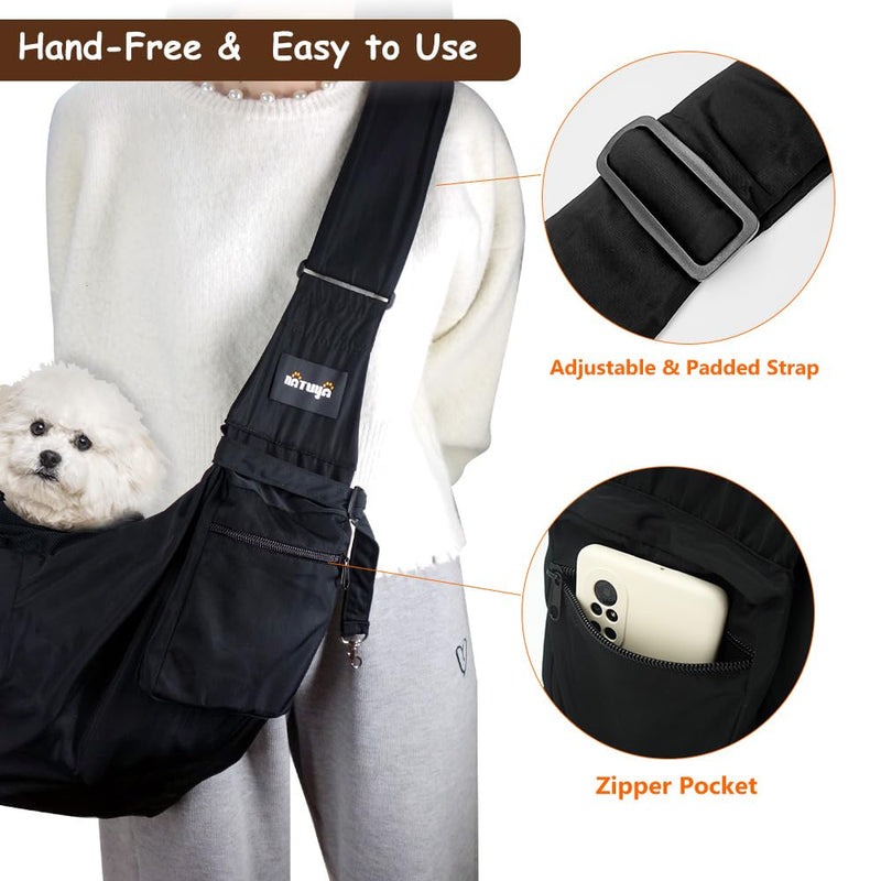 NATUYA Dog Sling Puppy Carrier Hand Free Doggie Adjustable Shoulder Strap Pet Walking Bag Cat Carrier with Zip Pocket Safety Belt Protective Mesh for Outdoor Subway Travel (Black Waterproof) Black Waterproof