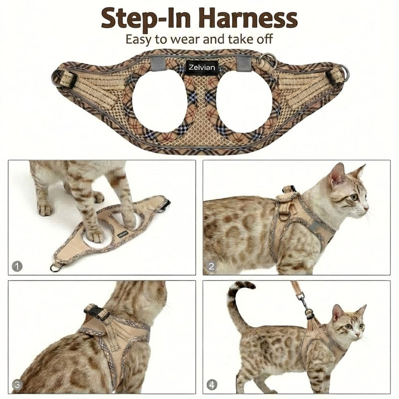 Cat Harness and Leash Set for Walking, Escape Proof Adjustable Soft Mesh Kitten Harness with Reflective Strips, Breathable No-Choke Pet Vest for Small Cats or Puppies(Beige,XS) Beige XS
