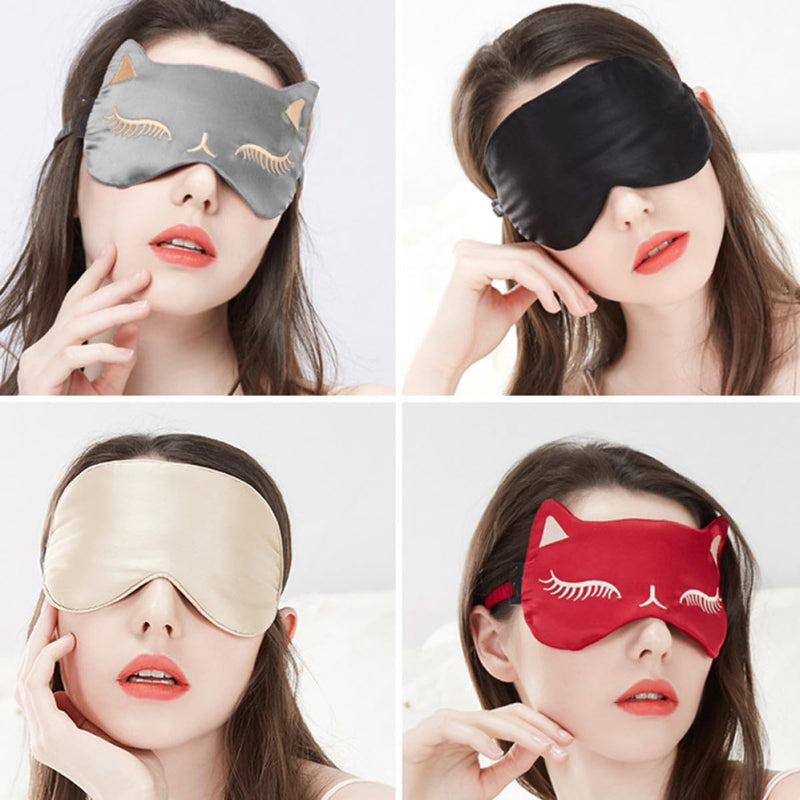 SOLUSTRE Silk Eye Mask with Cat Motif and Adjustable Strap for Eye Tiredness Relief, Black, for Home and Travel, for Women