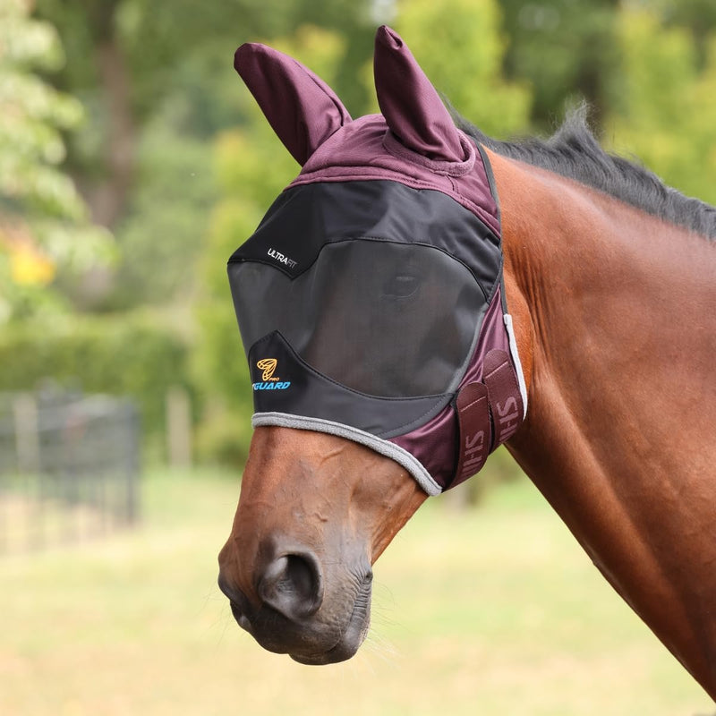 Shires FlyGuard Pro Deluxe Fly Mask with Ears – Cob Size | Premium Fine Mesh Protection | Lightweight Breathable Fly & Insect Guard | Secure Fit | Black Cherry