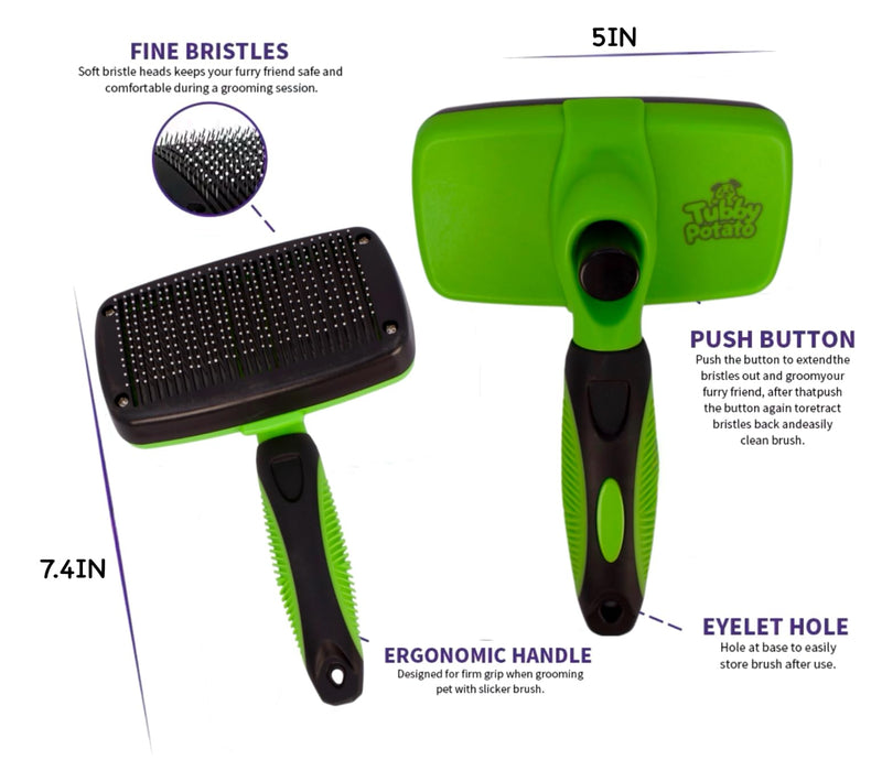 Tubby Potato™ Self Cleaning Slicker Brush - Deshedding Brush for Long and Short Haired Pets. Comfortable and Safe for Senitive Skin. Great for Dogs, Cats, and other Small Animals- Green - PawsPlanet Australia