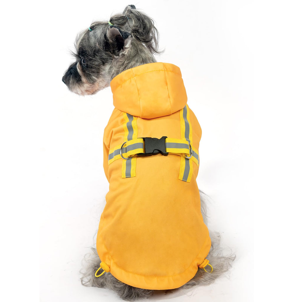 PUPTECK Dog Raincoat with Hood & Harness Built-in for Small Medium Dogs, Waterproof Dog Rain Jacket Slicker Poncho Reflective Dog Vest Clothes for Rainy Snowy Winter Cold Days, Yellow, S S (BACK 12.6", CHEST 18", NECK 13.5")