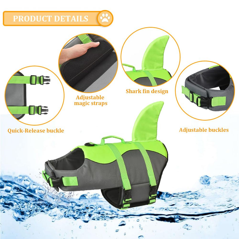 Doglay Dog Life Jacket, Ripstop Cute Shark Dog Life Jacket with Superior Buoyancy and Rescue Handle, Adjustable Dog Life Vests for Swimming Boating, Pet Flotation Vest for Small Medium Large Dogs X-Large Green-Shark - PawsPlanet Australia