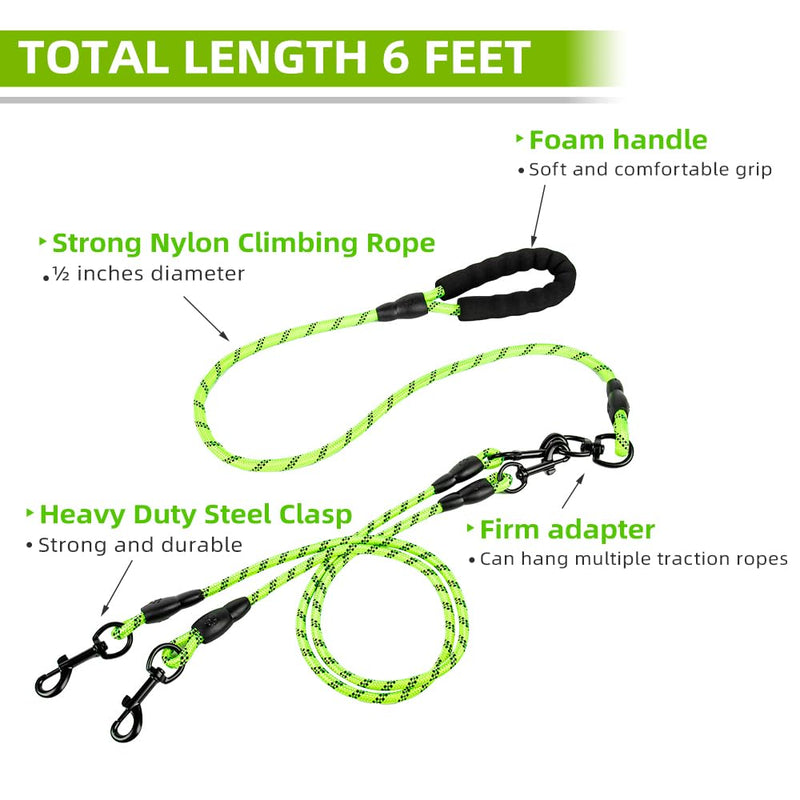 Double Dog Leash, 360 Swivel No Tangle, Shock Absorbing Bungee, for 2 Large Dogs 25-150 lbs (Green) Green - PawsPlanet Australia