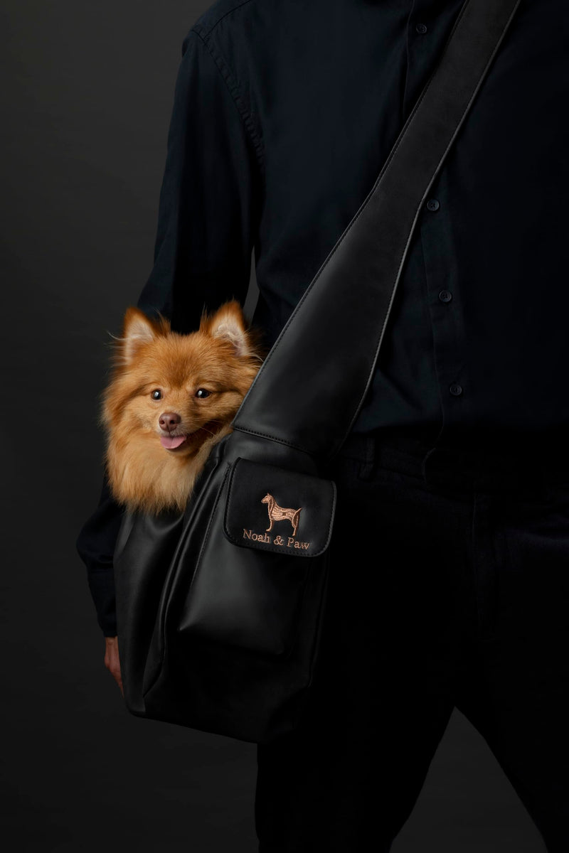 Noah & Paw Dog Sling Carrier for Small Dogs 5-18lb, Dog Sling for Small Dogs and Cats, Dog Carrier with Adjustable Padded Strap, Vegan Leather Lined with Fur, Double Safety Feature, Machine Washable Charcoal 18.0"L x 10.0"W x 6.5"H - PawsPlanet Australia