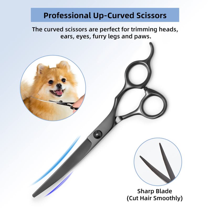 8.0 in 9CR Titanium Professional dog grooming scissors set,Grooming Scissors for Dogs Cats,Pet nail clippers,Shears, Straight,Curved,Thinning Shears,Comb for Full Body,Face, Nose,Ear,Paw Black - PawsPlanet Australia