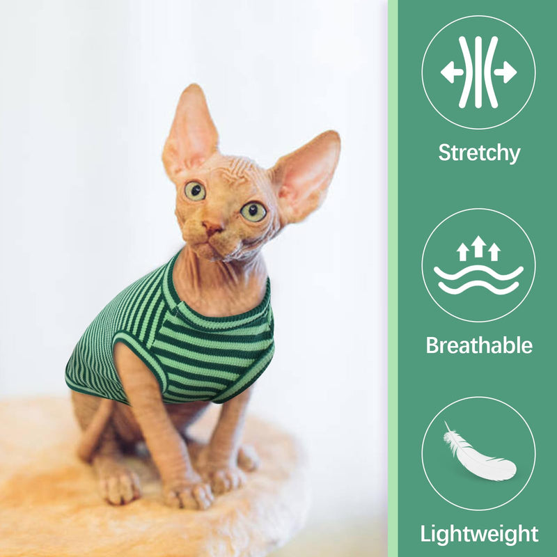 Sphynx Cat Clothes, Breathable Hairless Cat Shirts, Stripe Kitten T-Shirts Sleeveless, Pullover Cat Sweaters, Pet Summer Apparel for Sphynx, Cornish Rex, Devon Rex, Peterbald, Small Dogs X-Large Green - PawsPlanet Australia