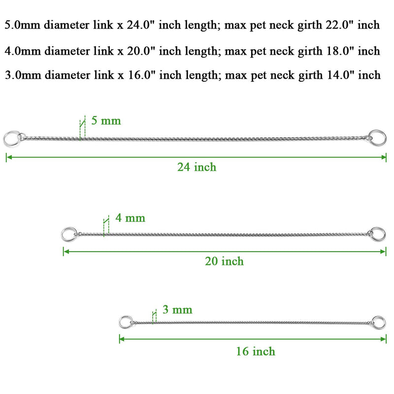 Mogoko Stainless Steel Dog Choke Chain Collar, Puppy Metal Snake Chain Pet Show Slip Collar Choker for Training Walking (Silver;16.0"*3.0mm) 3.0mm x 16.0 inch Silver