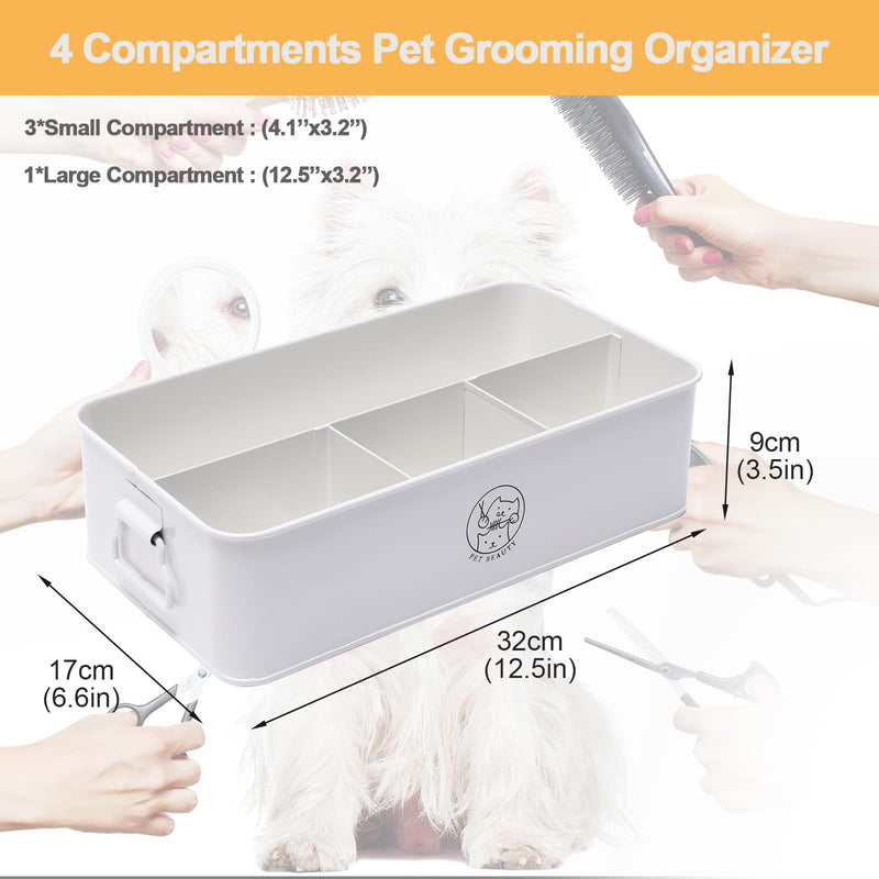 Premium 4-Compartment Dog Grooming Organizer,Metal Caddy for Pet Stuff with Handle-Powder Coated Storage Bin for Dog Cat Grooming Kit,Clippers,Brushes,Scissors & Supplies-White - PawsPlanet Australia