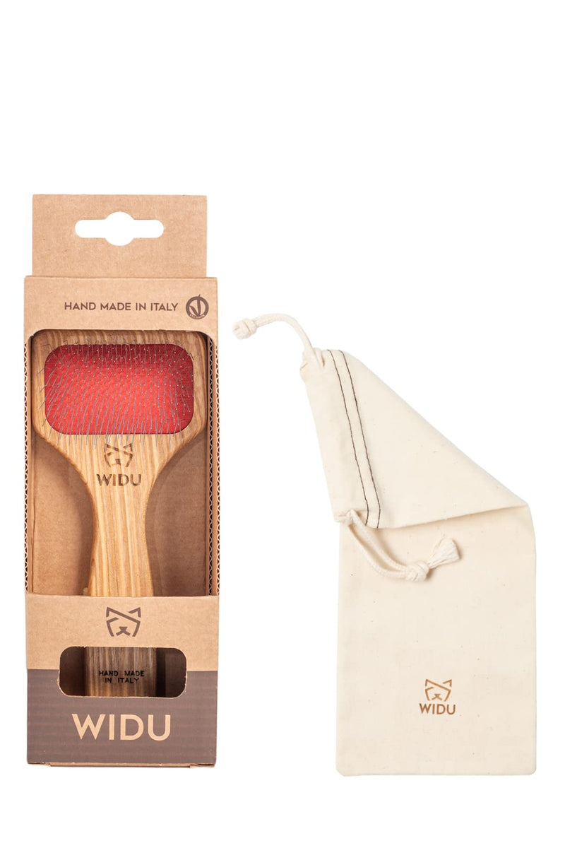 WIDU - Brush for Dogs and Cats, Ideal for Small Pets with Long Hair, Professional Carder in Ash Wood, Handmade in Italy - 16 x 7 cm, with 20 mm Long Teeth and 70° Inclination Small brush with long teeth