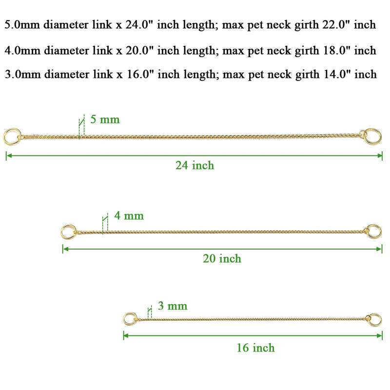 Mogoko Stainless Steel Dog Choke Chain Collar, Puppy Metal Snake Chain Pet Show Slip Collar Choker for Training Walking (Gold;24.0"*5.0mm) 5.0mm x 24.0 inch Gold - PawsPlanet Australia