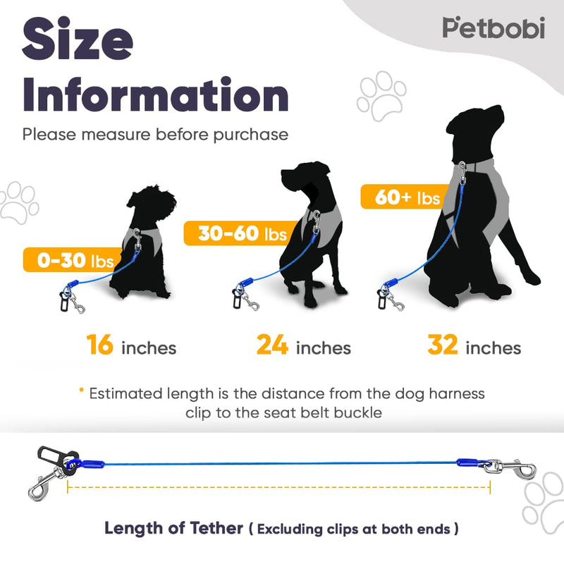 Petbobi Dog Seat Belt for Car - 2 Pack Chew Proof Durable Dog Seatbelt Tether for Small Medium Large Dogs - Metal Vehicle Harness Restraint with Double Clips and Latch - Dog Car Leash for Safe Travel 24 inch / 2 pack Blue