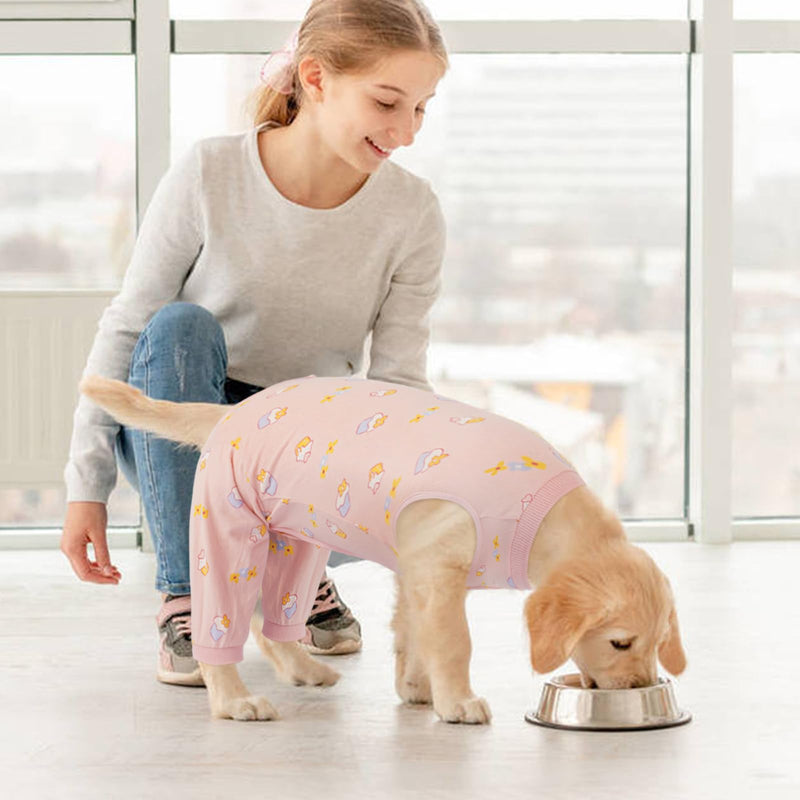 Kuoser Dog Surgery Recovery Suit Female Male, Dogs Surgical Suit with Body Sleeve Hind Legs to Prevent Licking Bite, Dog Bodysuit with Leg Braces Wound Cover, Pink Cake XL XL(Back:18.11")