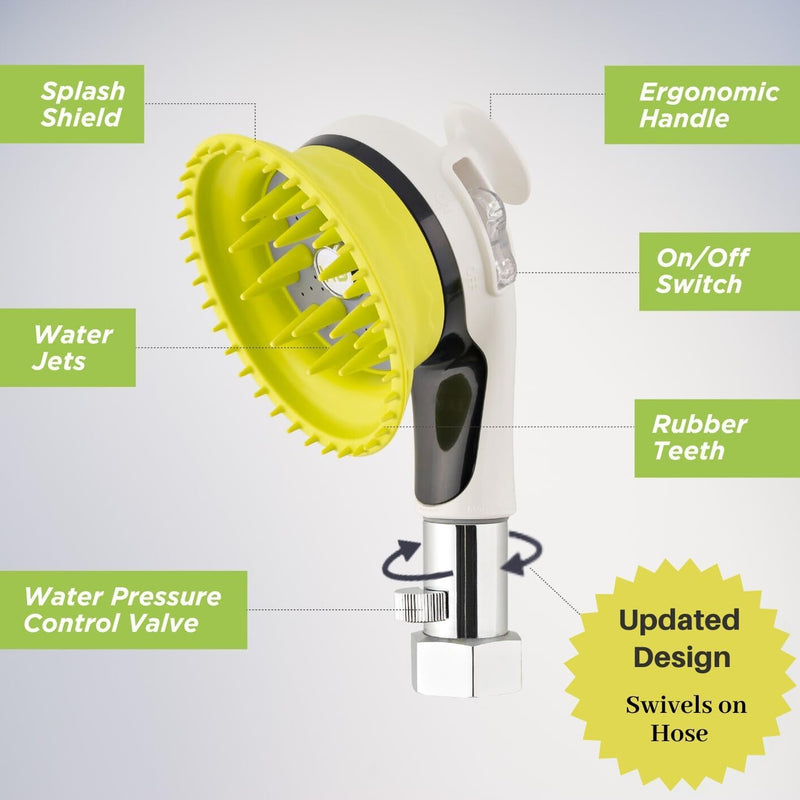Outdoor Dog Wash Garden Hose Nozzle for Bathing and Quick Paw Rinses. Splash Shield Handle and Rubber Grooming Brush. Metal Connection. Swivels on Hose with Water Pressure Control. White - PawsPlanet Australia