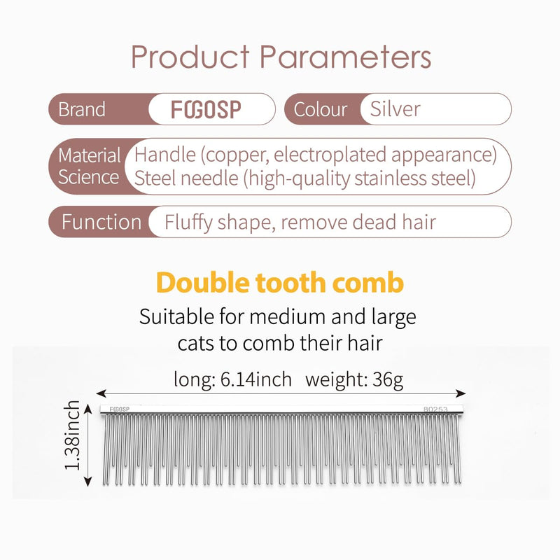 6.1" Cat Carding Dual Tooth Comb for Long Haired Cats & Dogs Ragdoll Round Corners Prevent Friction and Breakage Chrome Finish(M, Dual) Medium