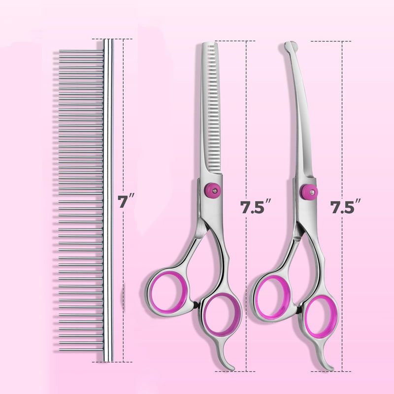 Dog Grooming Scissors with Safety Round Tips Stainless Steel Professional Pet Grooming scissors Kit - Thinning, Curved Scissors and Comb for Dogs Cats - Pink Pink Set of 3 - PawsPlanet Australia