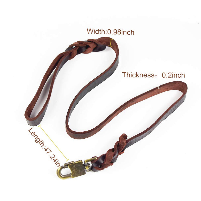 Leather Braided Dog Leash Water Resistant Heavy Duty Woven Leash for Large Medium or Small Dog Breeds with Lock Design Clasp Leads Rope for Dogs Training Walking Brown (47L x 0.98W inch) 47L x 0.98W inch - PawsPlanet Australia