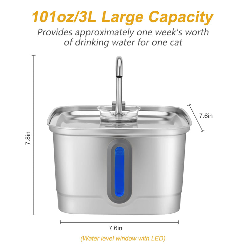 Stainless Steel Cat Water Fountain, 101oz/3L Automatic Pet Water Fountain, Dog Water Fountain with Replacement Filters for Cats, Small Dogs (2 Filters and 2 Sponges) Cat Fountain + 2 Filters + 2 Sponges - PawsPlanet Australia